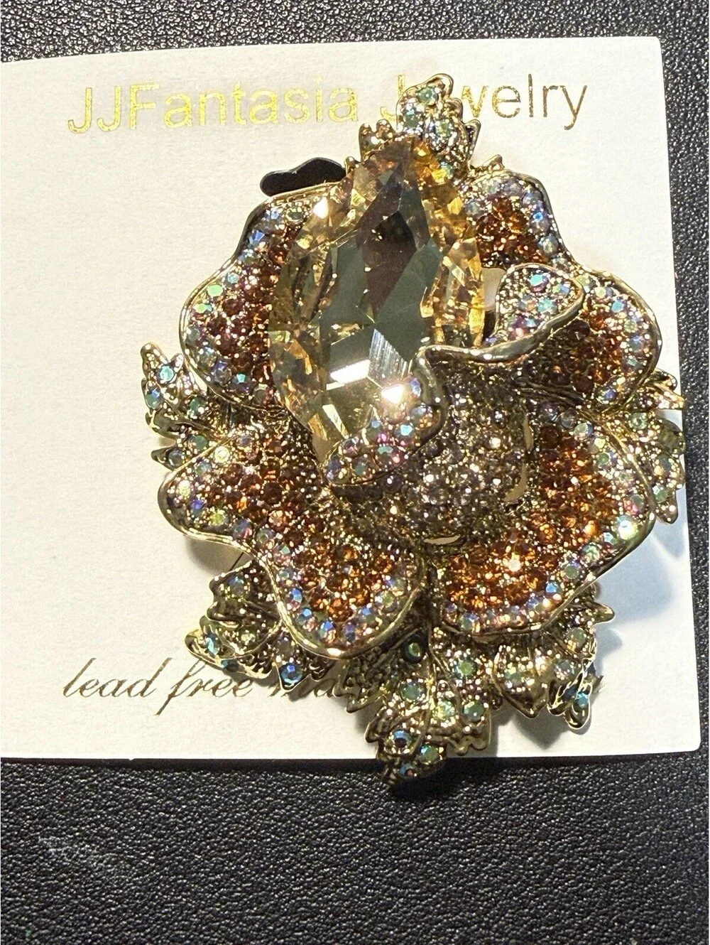 NEW JJ Fantasia 2000s Floral Rose Brooch Crystal Rhinestone Gold Topaz AB, 2x3”